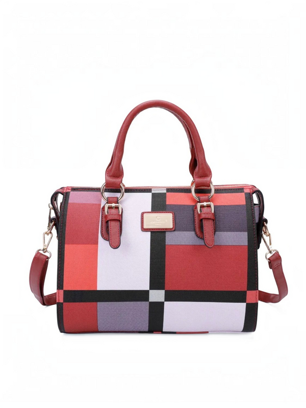 Sac à main BROCK GALLANTRY en similicuir rouge à motif géométrique coloré avec anses et bandoulière réglable