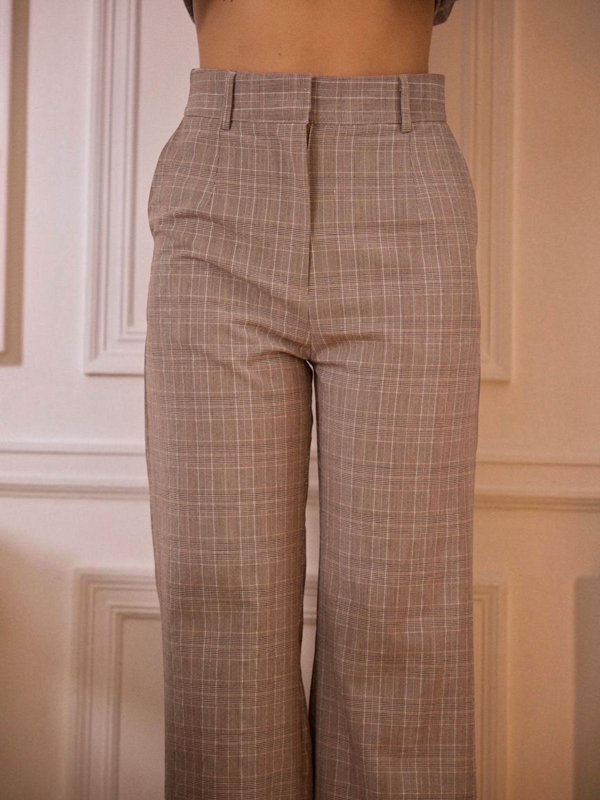 Pantalon BROCK taille haute à carreaux marron en mélange polyester et élasthanne