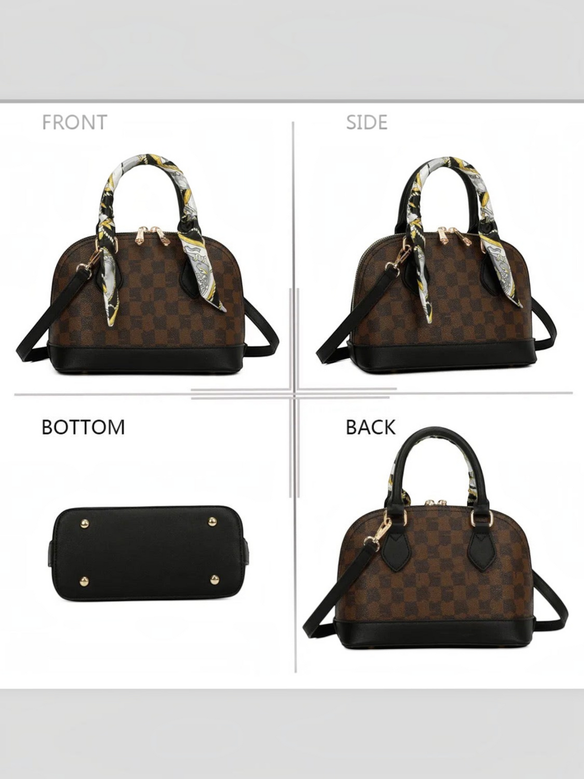 Sac à main BROCK GALLANTRY Charlotte en simili cuir brun et noir avec motif monogramme et anse ornée d'un foulard