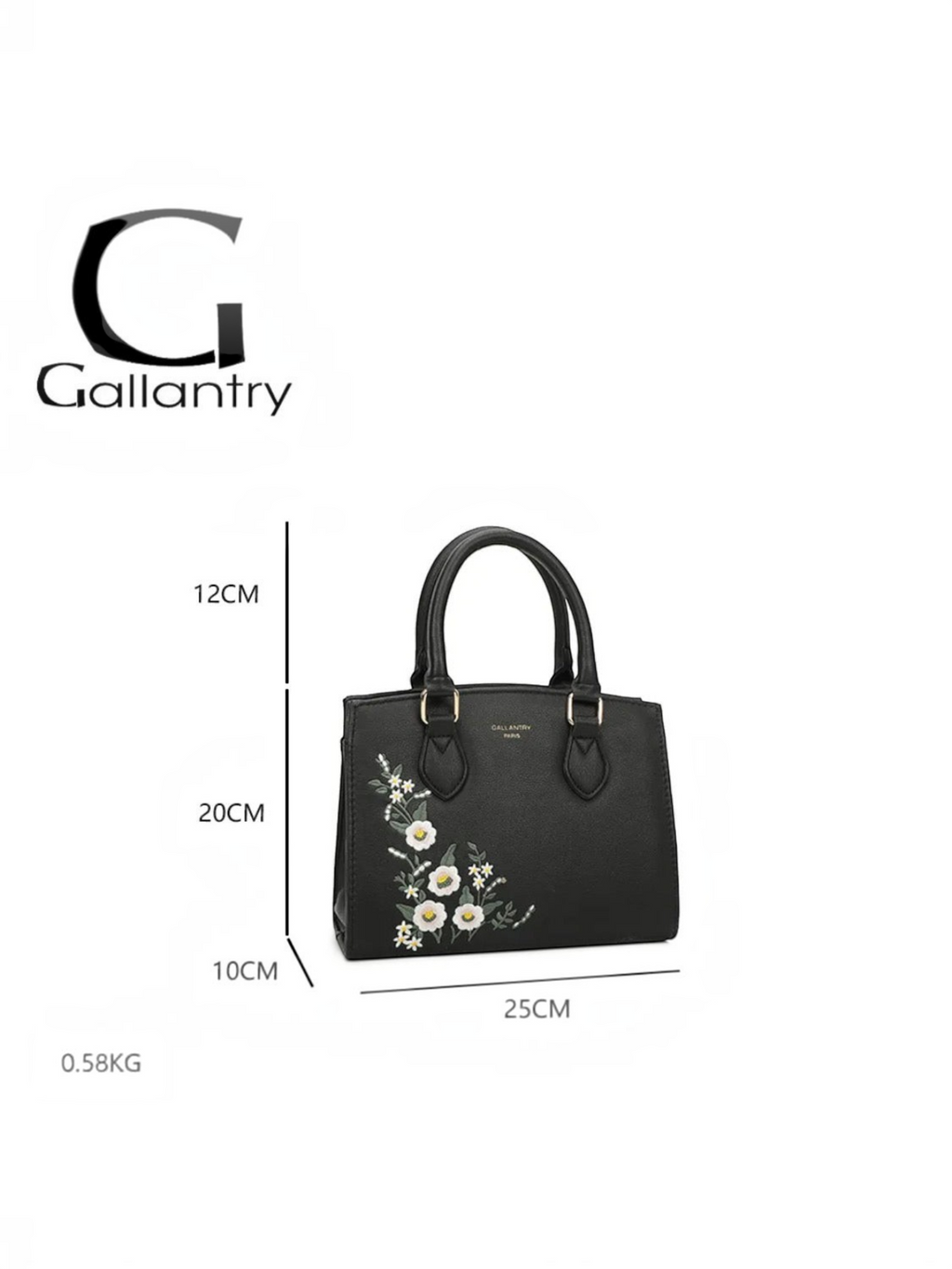 Sac à main BROCK GALLANTRY noir en cuir PU avec broderie florale blanche et finitions métalliques argentées