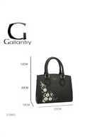 Sac à main BROCK GALLANTRY noir en cuir PU avec broderie florale blanche et finitions métalliques argentées