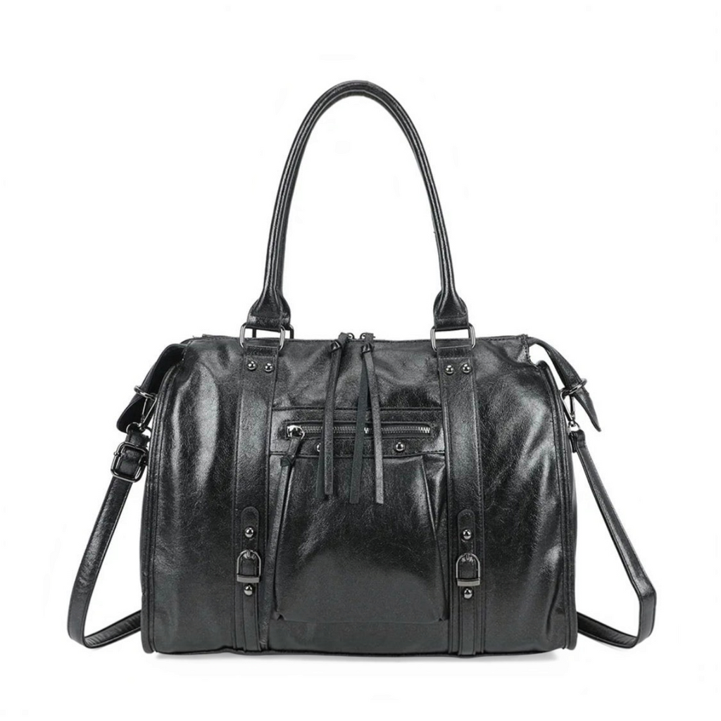 Sac à main grand format BROCK GALLANTRY Skyla en polyuréthane noir métallisé avec anses et bandoulière réglable