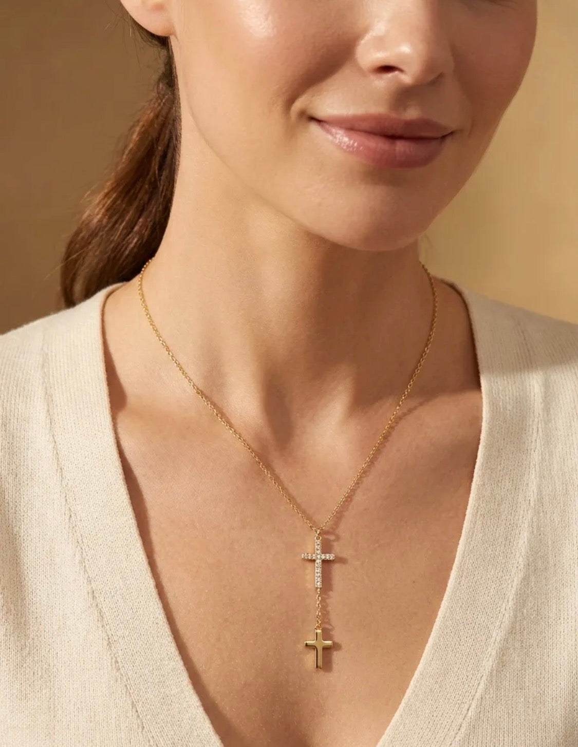 Collier Y double croix doré Éline l’atelier