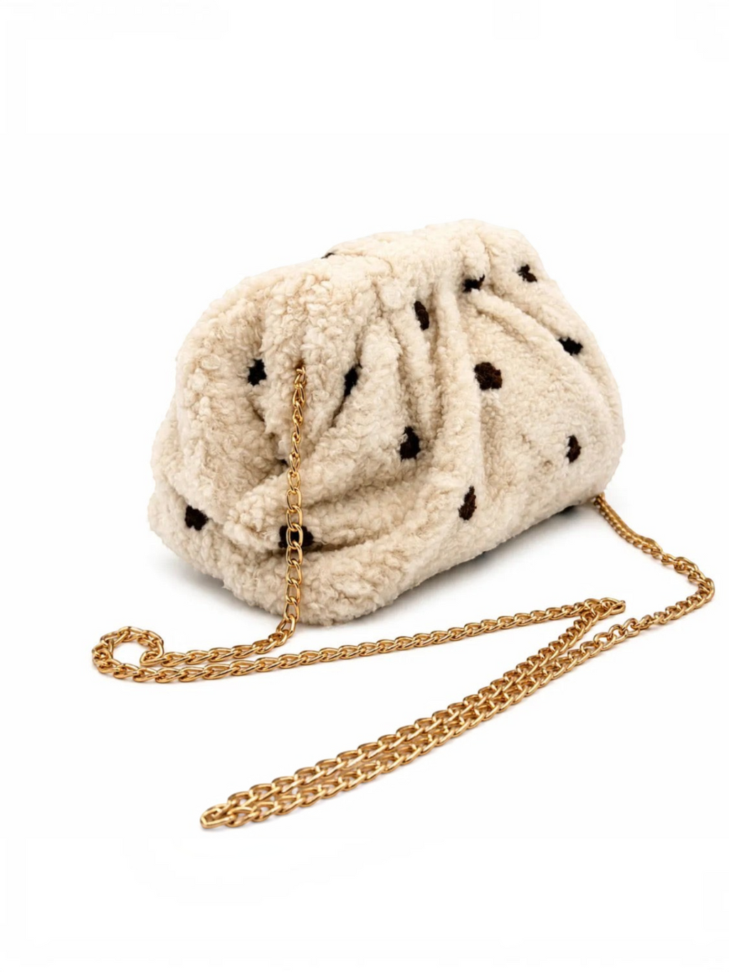 Pochette BROCK GALLANTRY en moumoute beige à pois marron avec chaîne dorée et fermeture clip arrondie