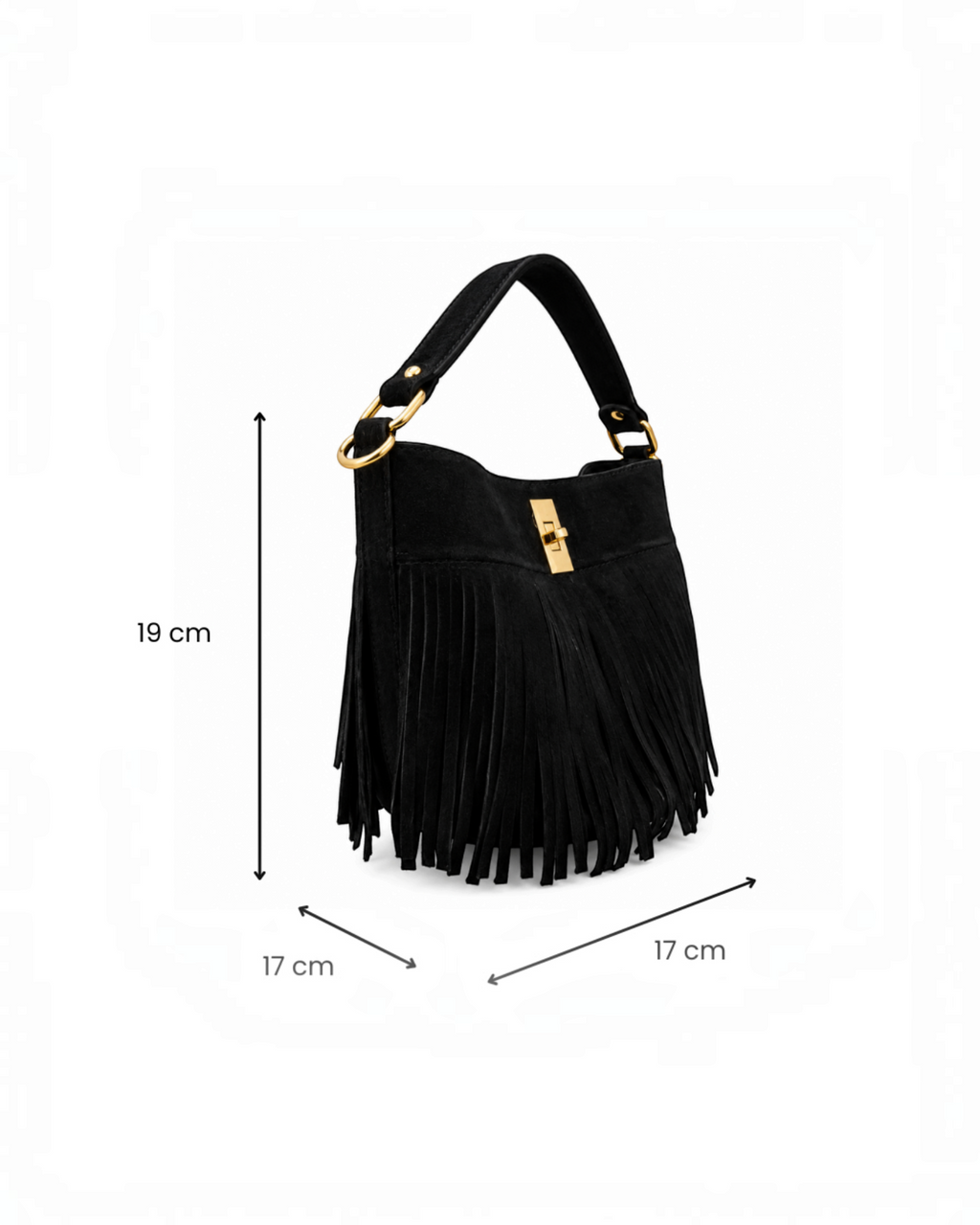 Sac à main BROCK GALLANTRY noir en cuir suédé avec longues franges, anse et détails métalliques dorés
