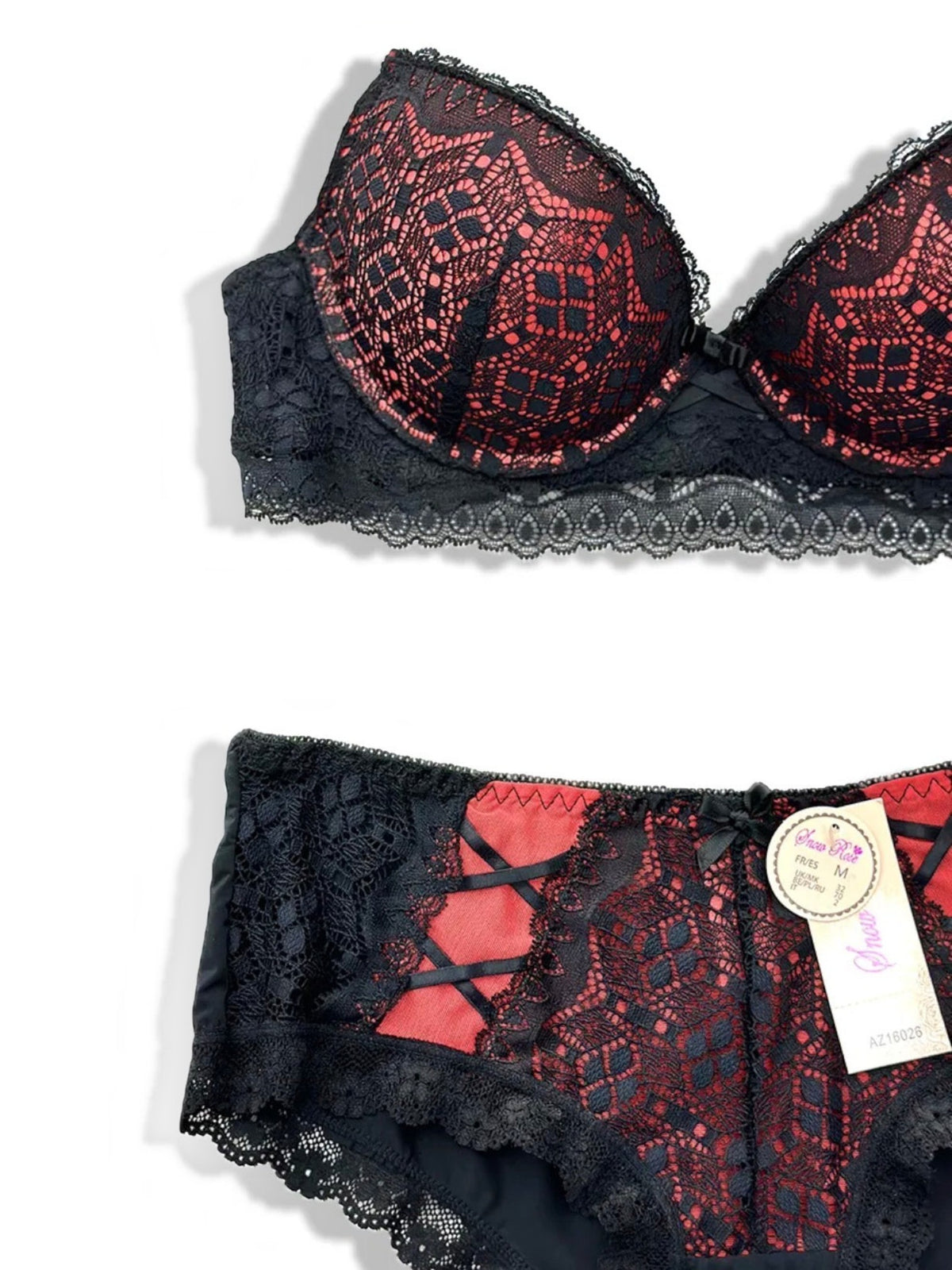 Ensemble lingerie BROCK bonnet C noir et rouge avec dentelle florale, soutien-gorge et culotte assortis
