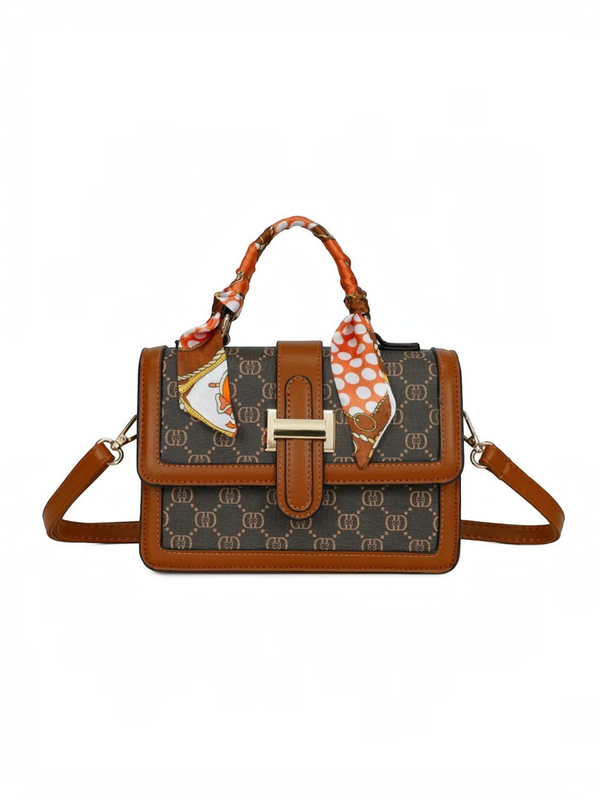 Sac à main BROCK GALLANTRY marron à motif monogramme avec foulard décoratif, fermeture zippée et bandoulière réglable.