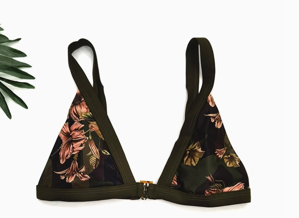 Maillot de Bain Bikini Triangle Fleuri Kaki - 2 Pièces Femme