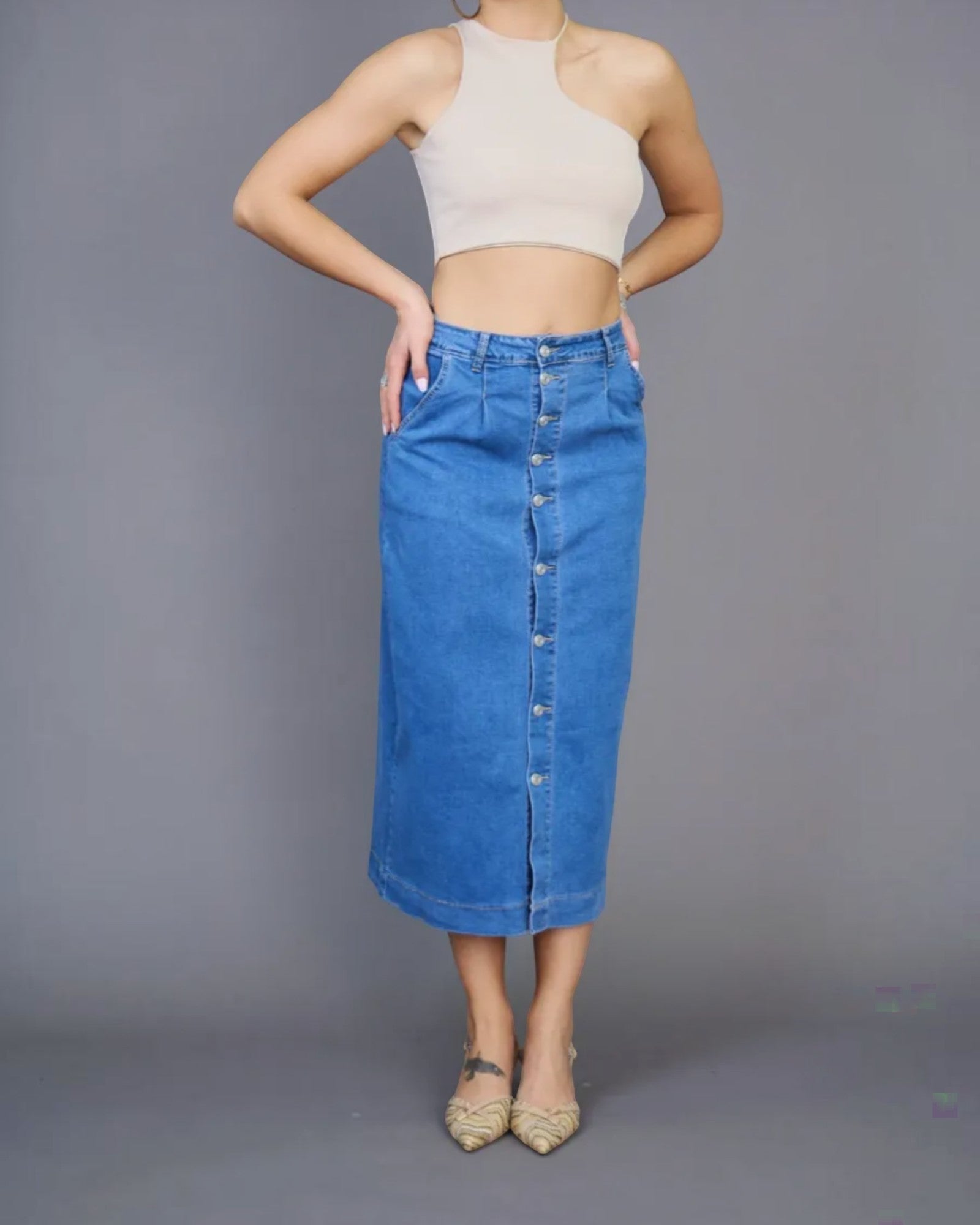 Jupe Longue Jean Femme Fermeture Boutonnée -