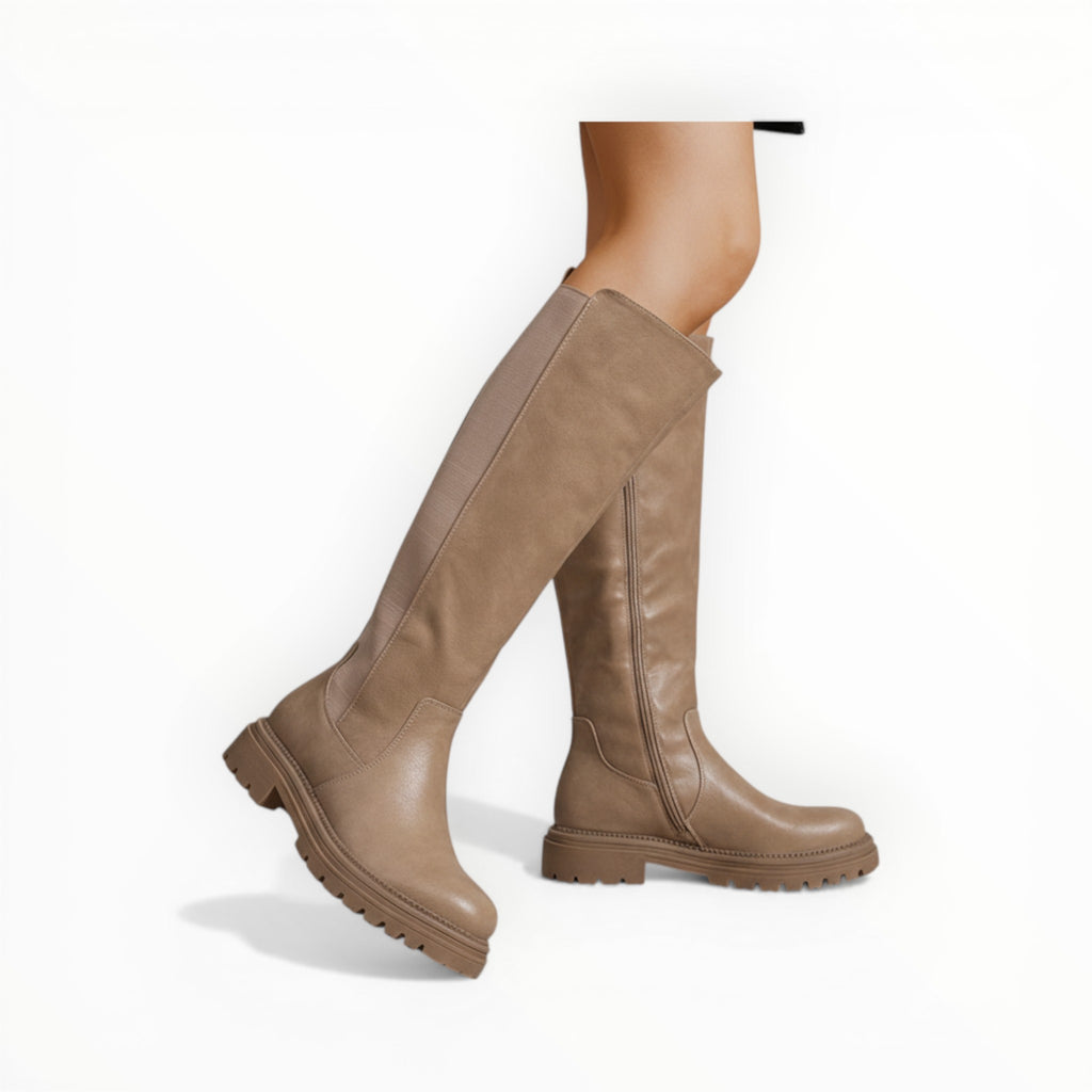 Bottes Hautes Plateforme Crantée PU Aspect Cuir Zip Latéral – LADY GLORY - Chaussure Femme - lady glory
