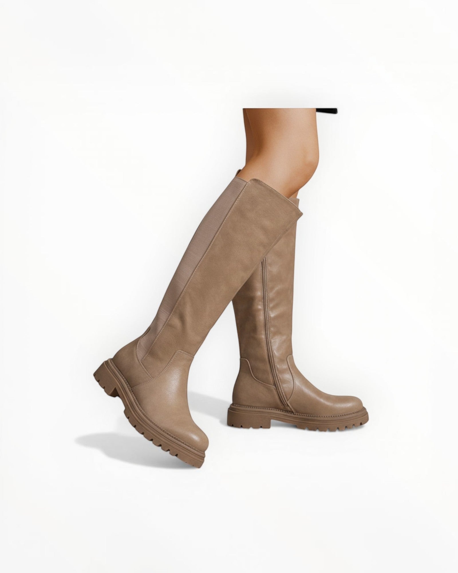 Bottes Hautes Plateforme Crantée PU Aspect Cuir Zip Latéral – LADY GLORY