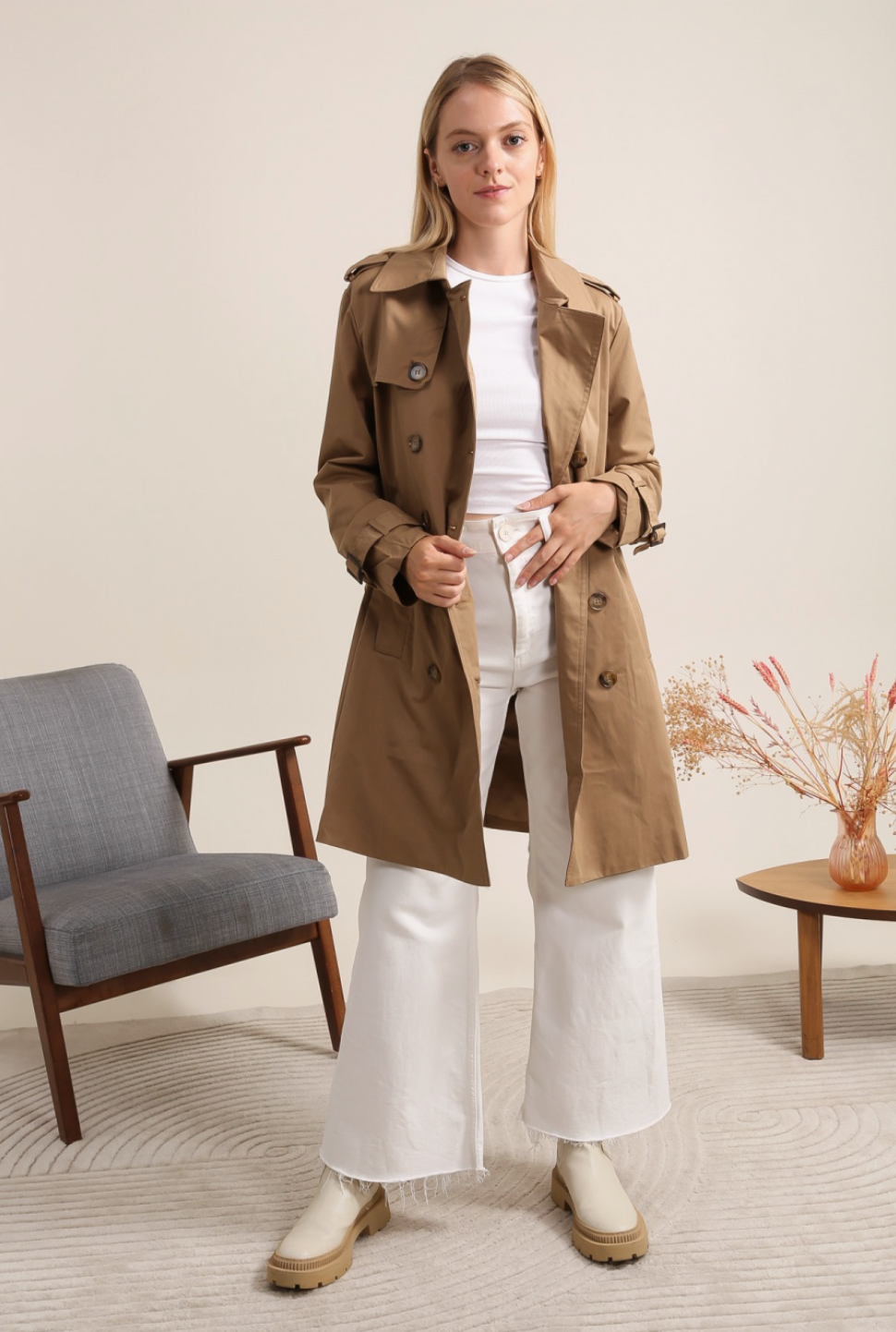 Trench coat mi-long double boutonnage avec ceinture