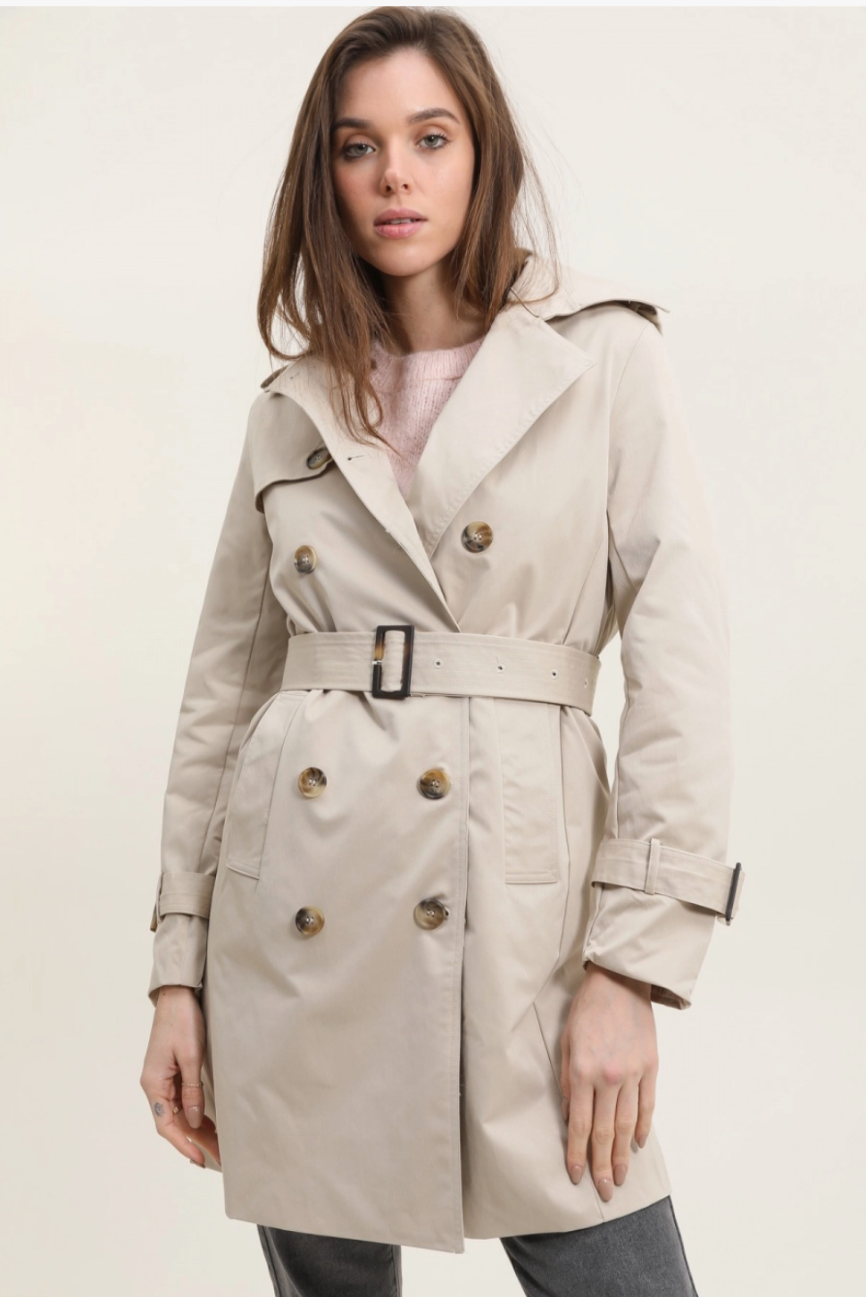 Trench coat mi-long double boutonnage avec ceinture