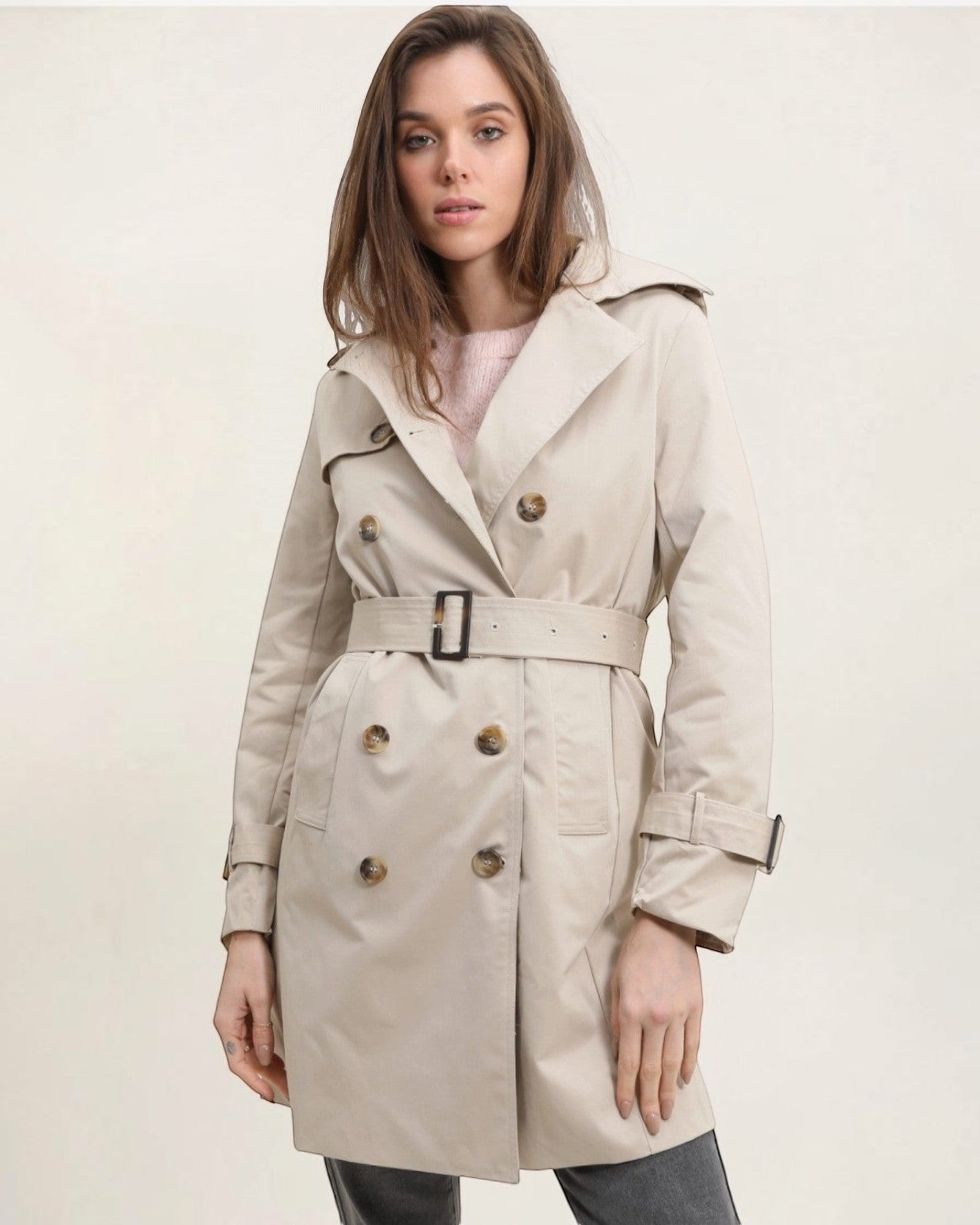 Trench coat mi-long double boutonnage avec ceinture