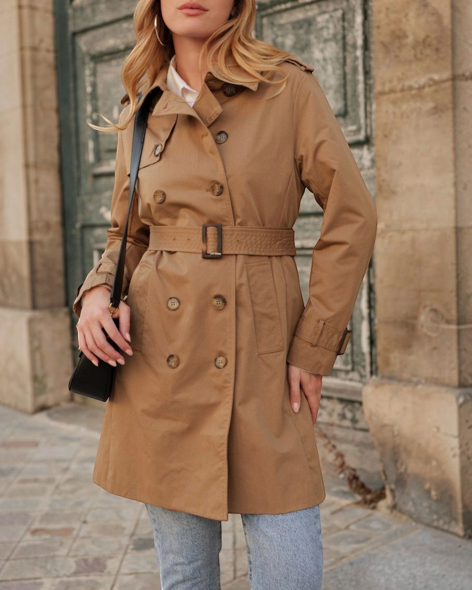 Trench coat mi-long double boutonnage avec ceinture
