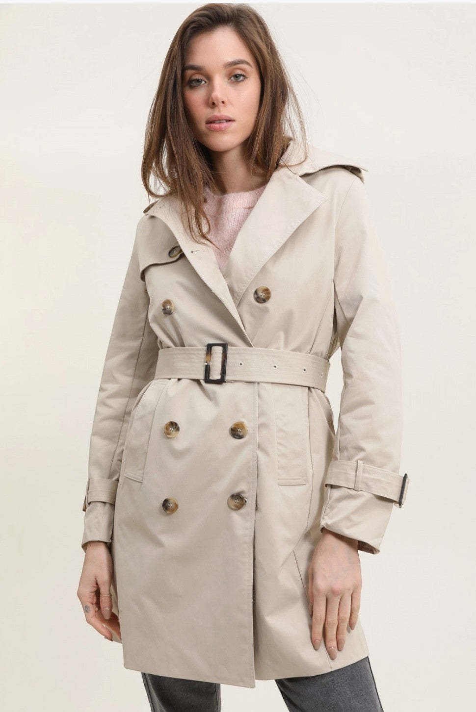 Trench coat mi-long double boutonnage avec ceinture