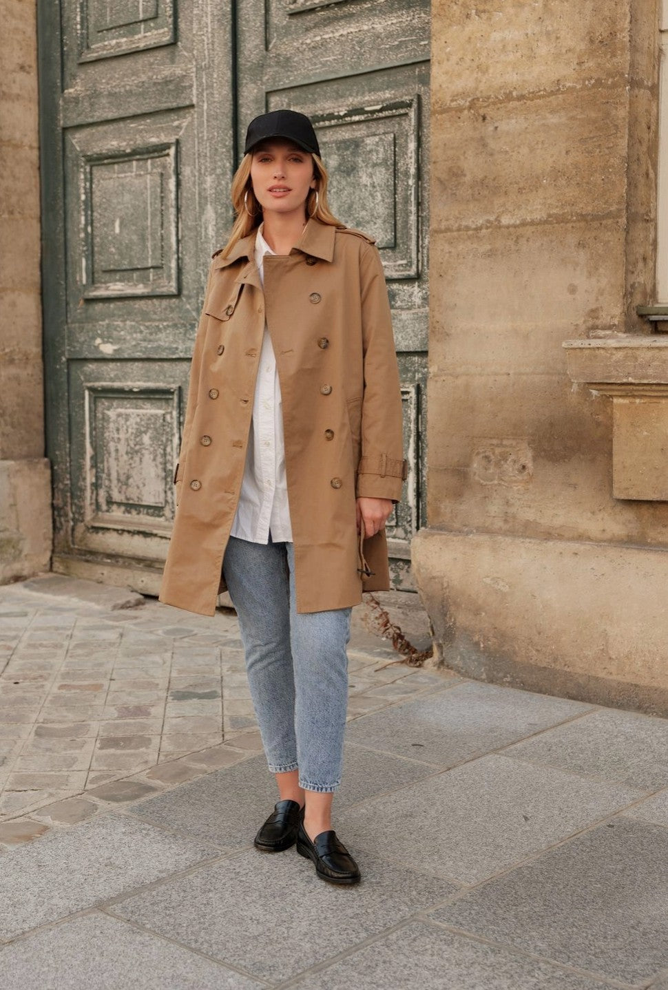 Trench coat mi-long double boutonnage avec ceinture