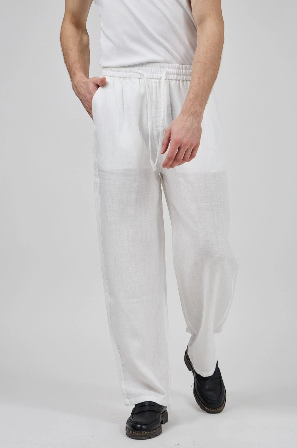 Pantalon homme en lin à taille élastique avec cordon de serrage