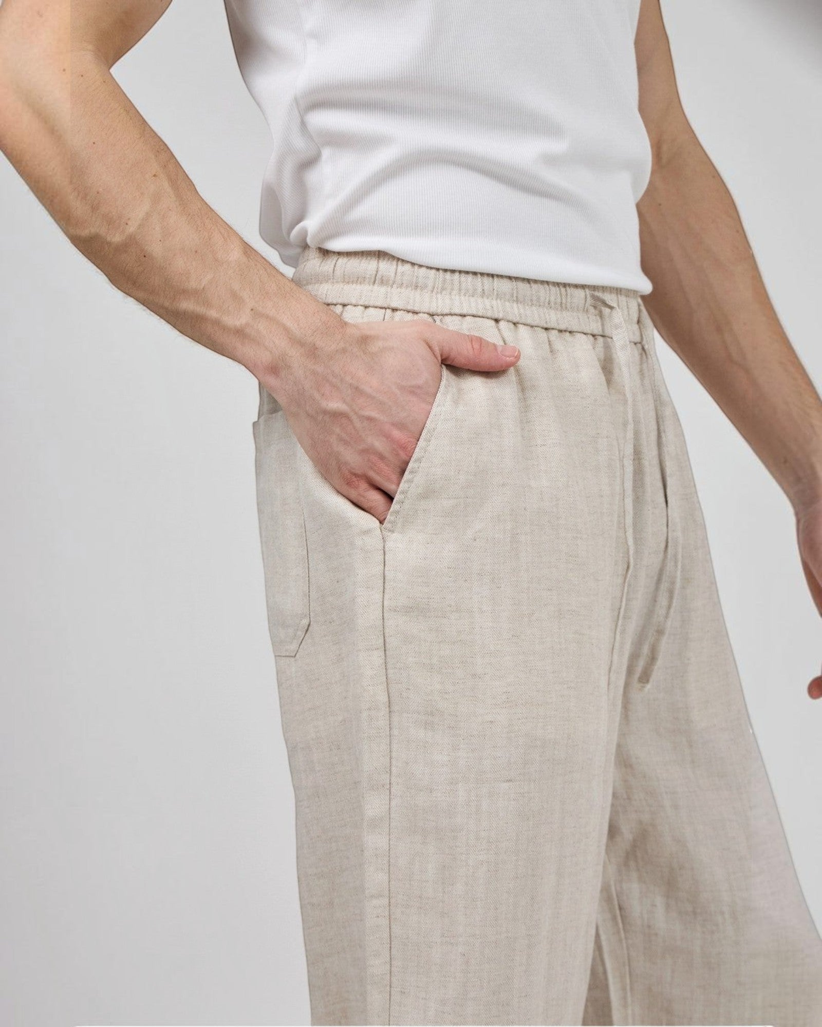 Pantalon homme en lin à taille élastique avec cordon de serrage