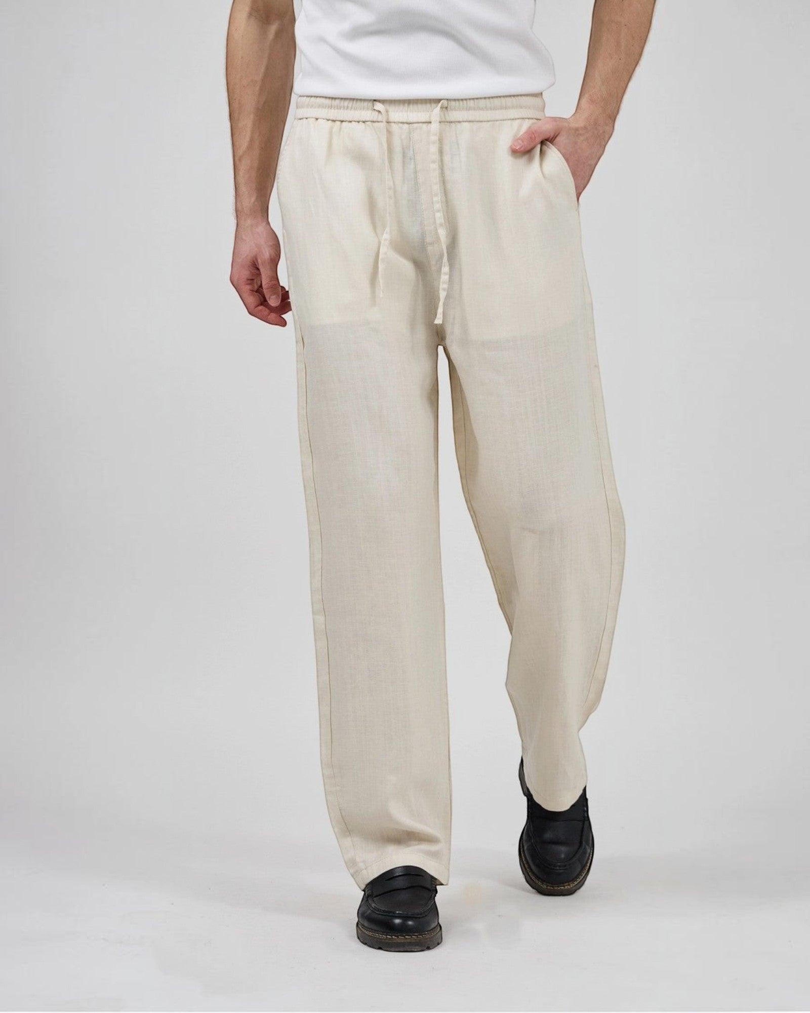 Pantalon homme en lin à taille élastique avec cordon de serrage