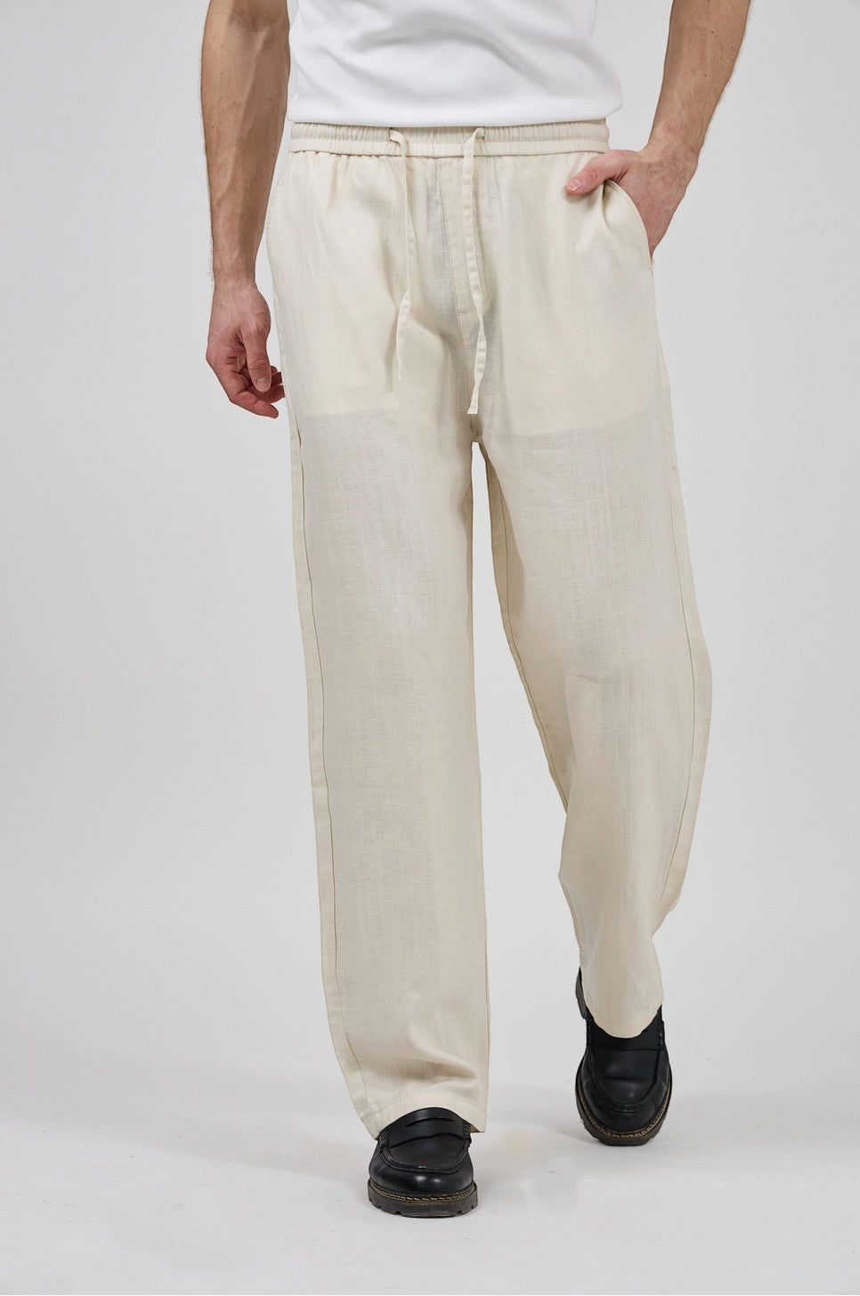 Pantalon homme en lin à taille élastique avec cordon de serrage