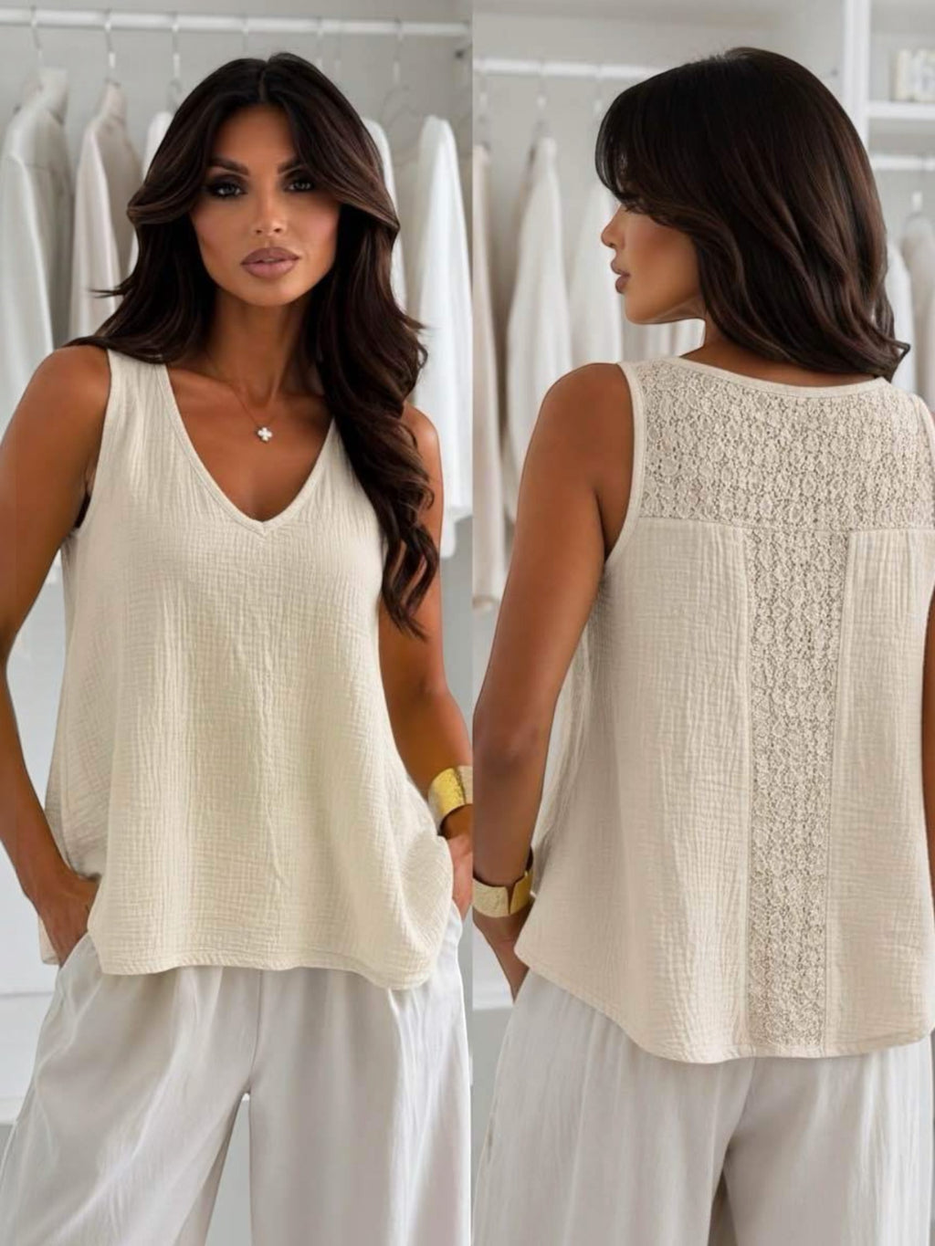 Top gaze de coton col V dentelle ISSYMA