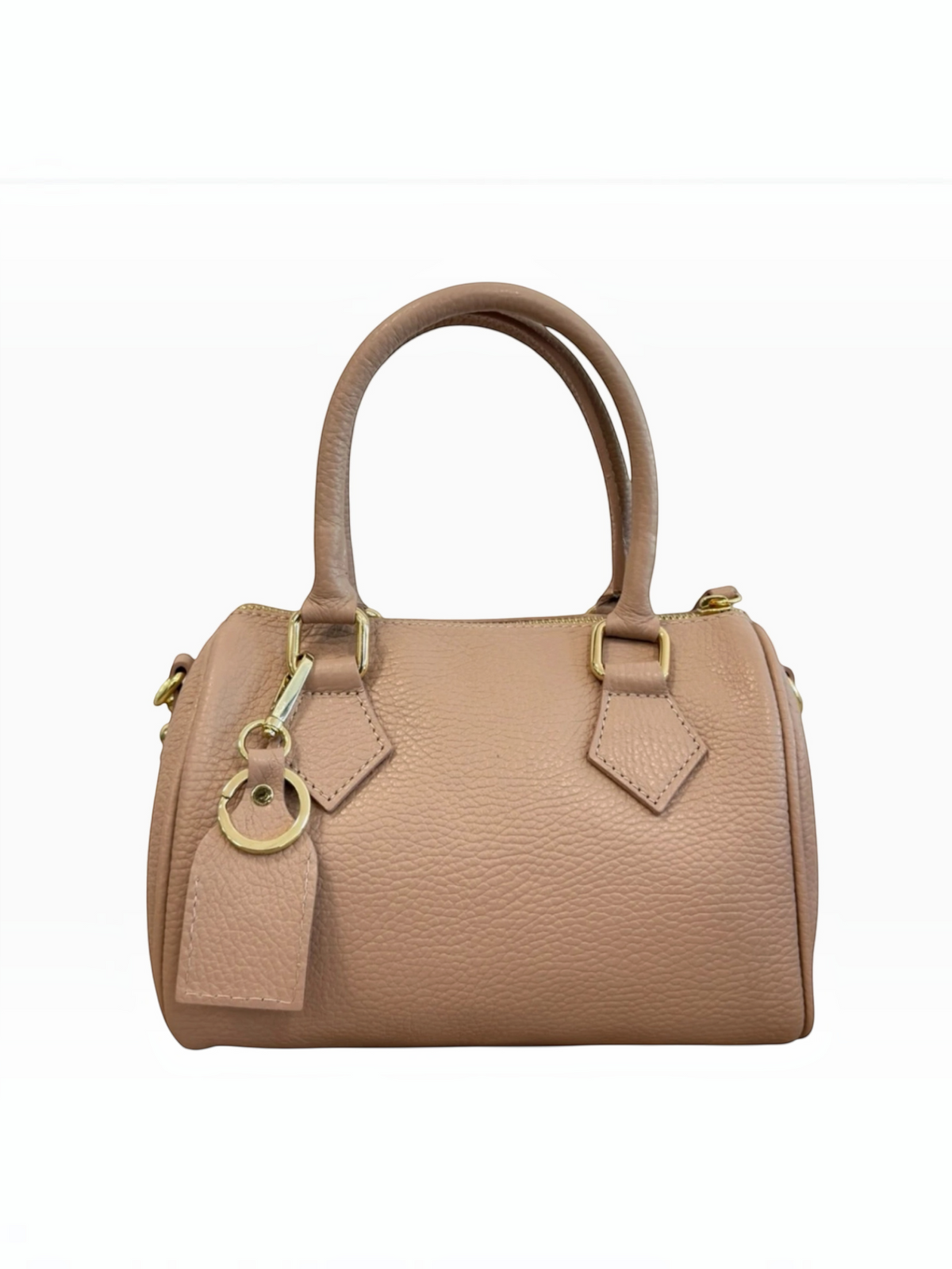 BROCK LOUISA LEE beige grained leather bowling bag with gold metal hardware and a matching keychain