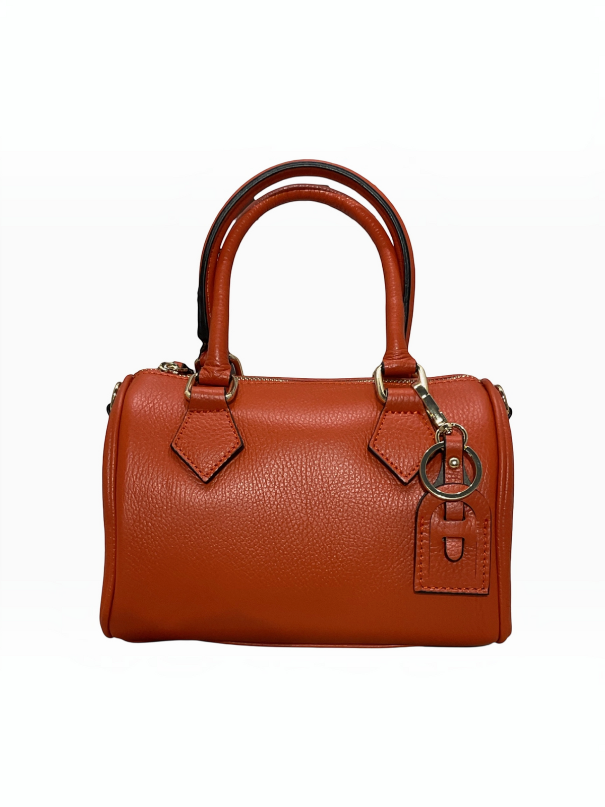 BROCK LOUISA LEE orange grained leather bowling bag with gold metal hardware and a matching leather keychain.