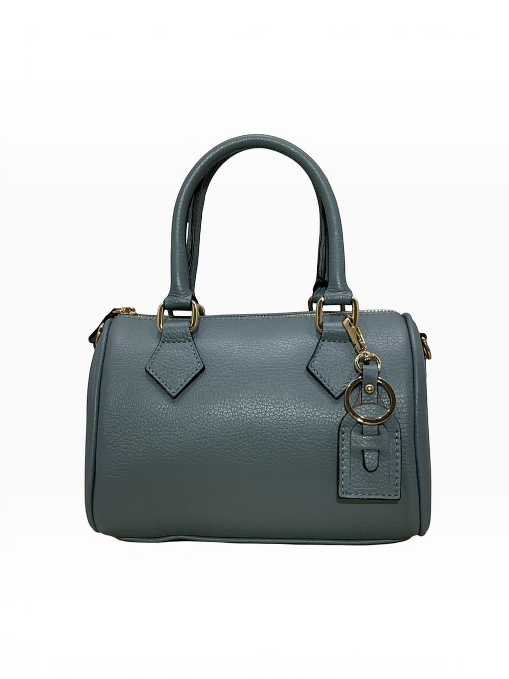 BROCK LOUISA LEE blue grained leather bowling bag with gold hardware and matching keychain, handmade in Italy.