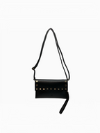 BROCK LOUISA LEE black grained leather clutch with gold studs and adjustable shoulder strap, handmade in Italy.