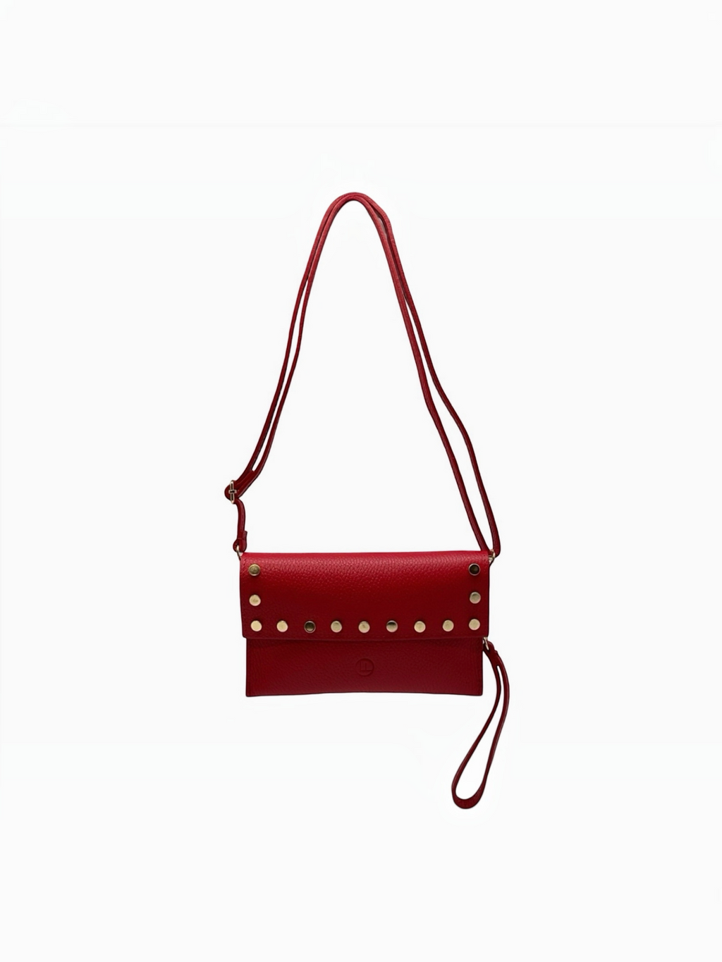 BROCK LOUISA LEE red grained leather clutch with gold studs and adjustable shoulder strap