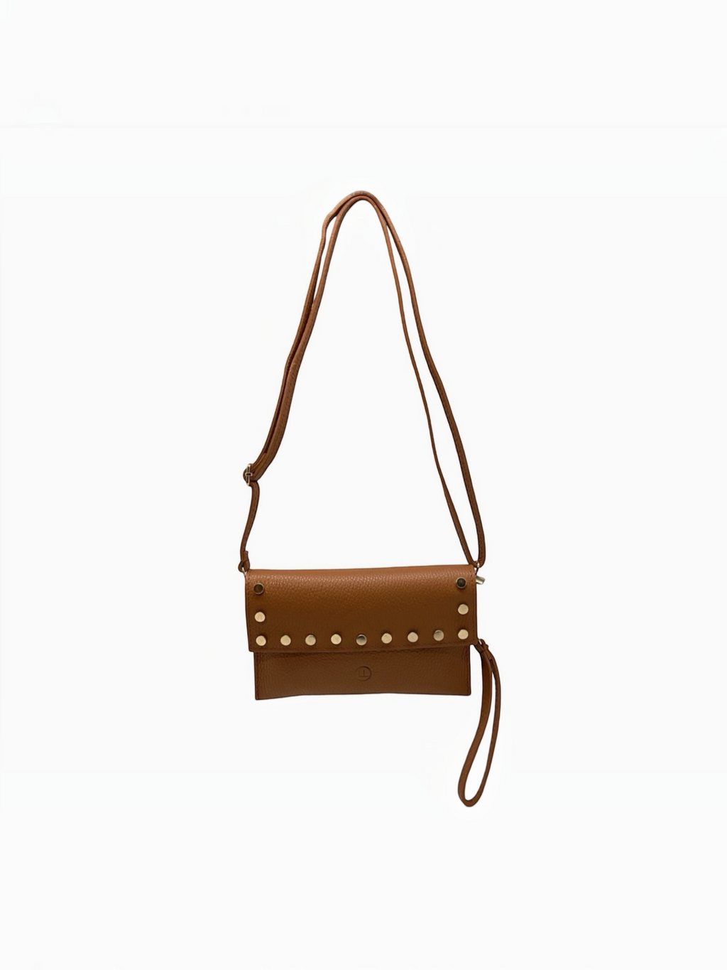 BROCK LOUISA LEE brown grained leather clutch with gold studs, adjustable shoulder strap, and wristlet.