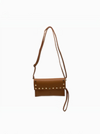 BROCK LOUISA LEE brown grained leather clutch with gold studs, adjustable shoulder strap, and wristlet.