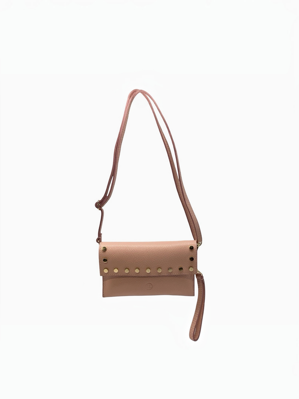BROCK LOUISA LEE pink grained leather clutch with gold stud details and a detachable shoulder strap