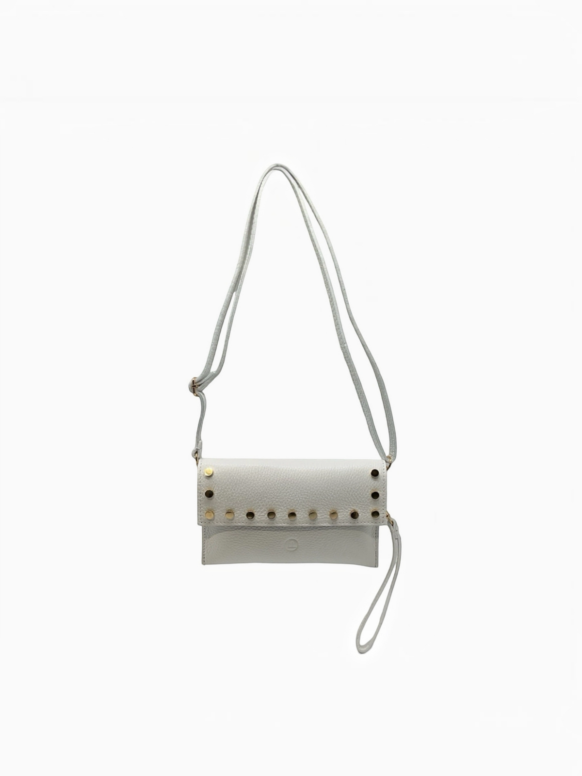 BROCK LOUISA LEE white grained leather clutch with gold stud embellishments and a detachable shoulder strap