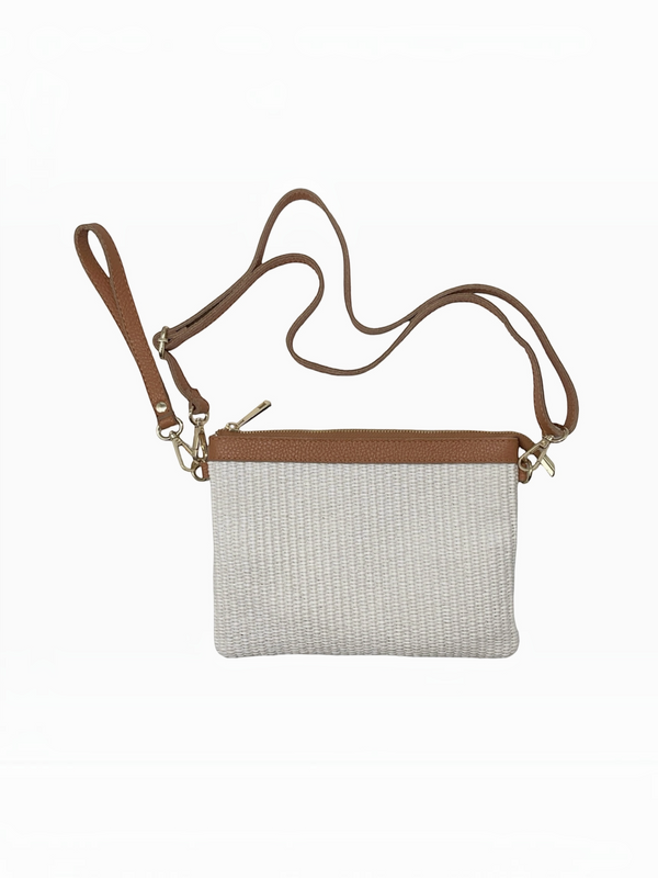 BROCK LOUISA LEE natural raffia clutch bag with brown cowhide leather trim and detachable shoulder strap
