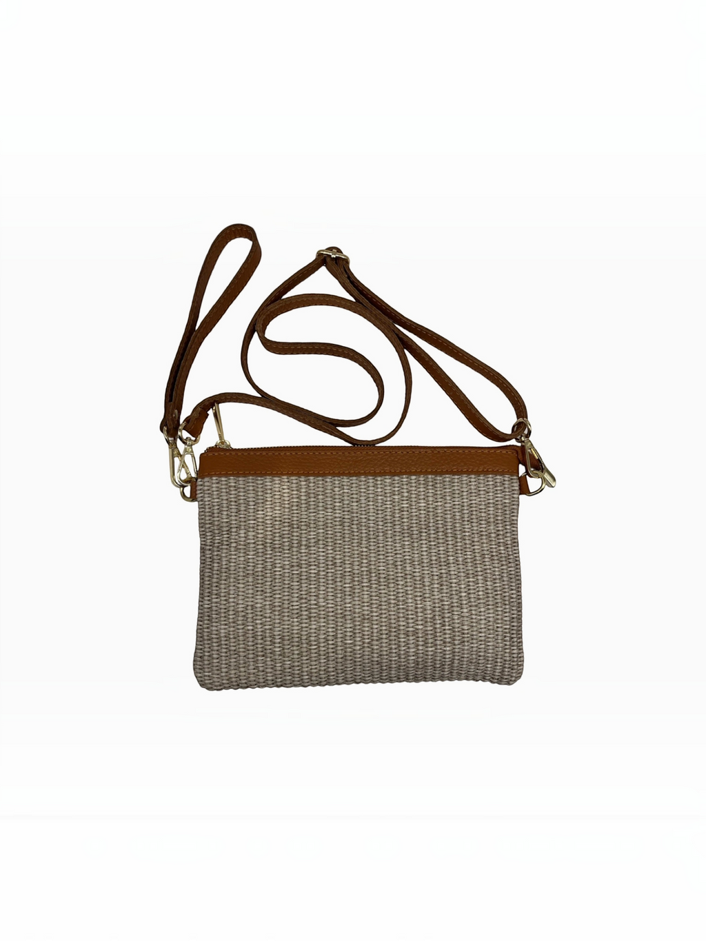 BROCK LOUISA LEE natural raffia clutch with brown cowhide leather trim and adjustable shoulder strap