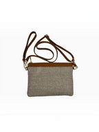 BROCK LOUISA LEE natural raffia clutch with brown cowhide leather trim and adjustable shoulder strap