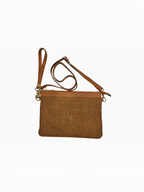 BROCK LOUISA LEE natural raffia clutch with brown cowhide leather trim and detachable shoulder strap