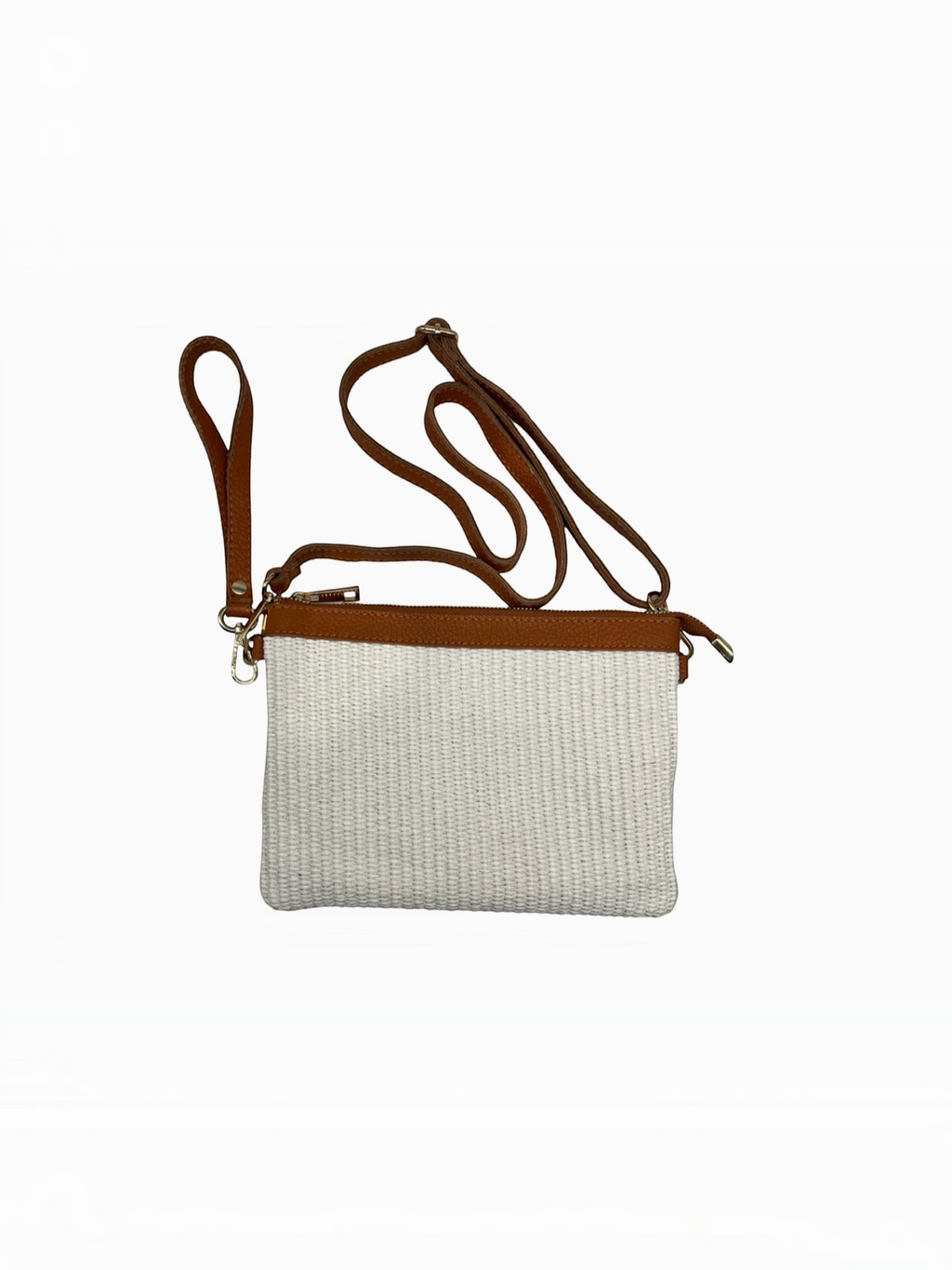 BROCK LOUISA LEE raffia pouch with tan cowhide leather trim and detachable shoulder strap on a white background