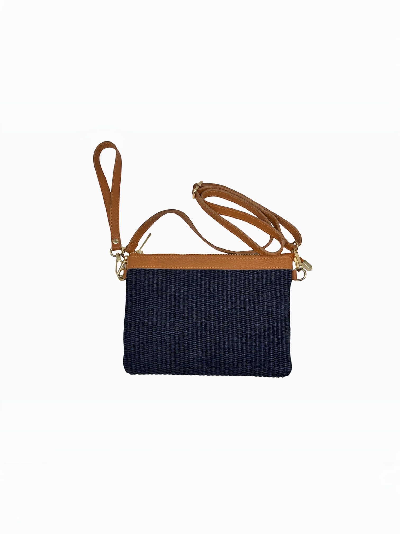 BROCK LOUISA LEE navy blue raffia clutch with tan leather trim, wrist strap, and adjustable shoulder strap.