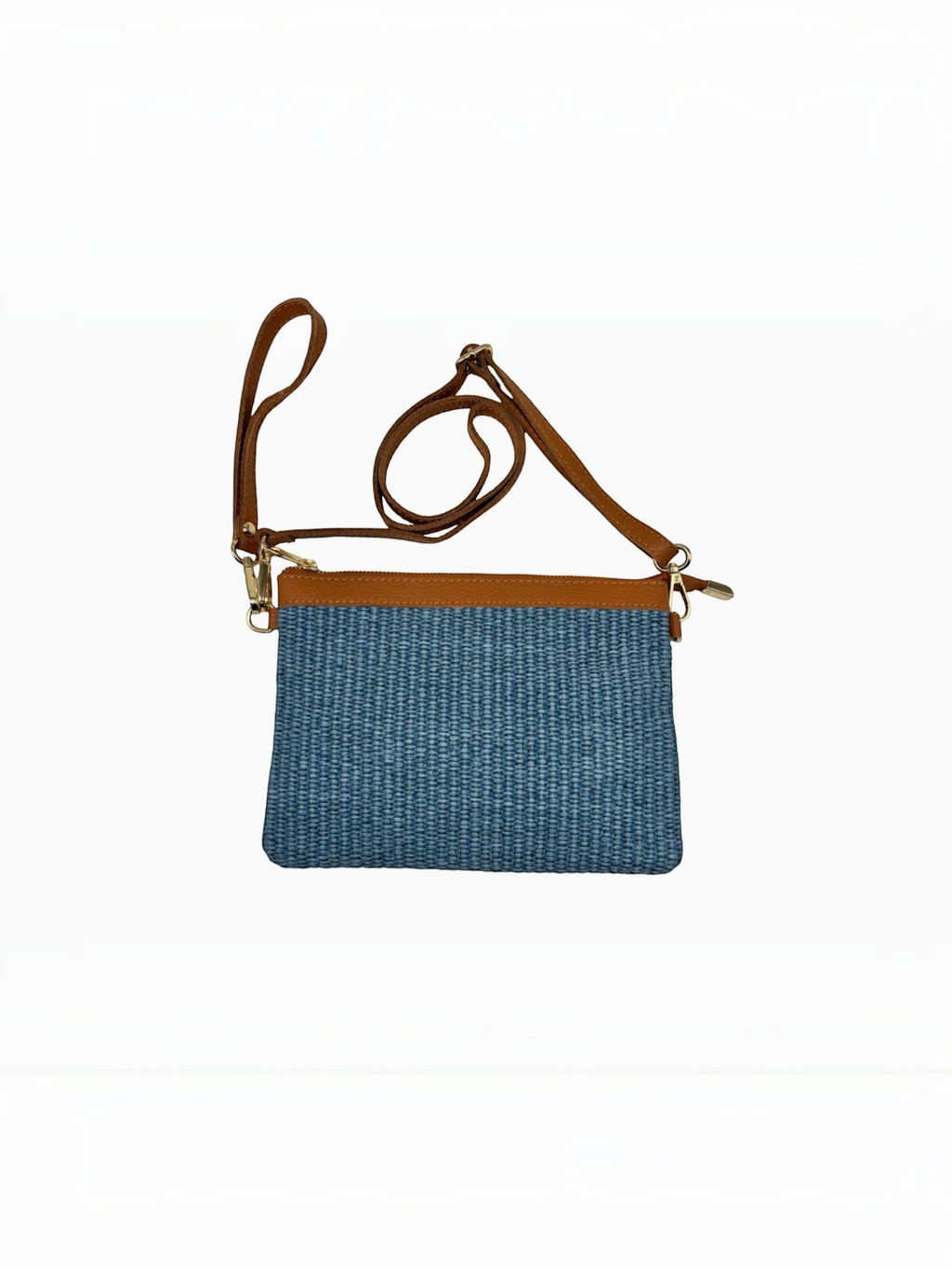 BROCK LOUISA LEE blue raffia pouch with tan leather trim and adjustable shoulder strap, handmade in Italy.