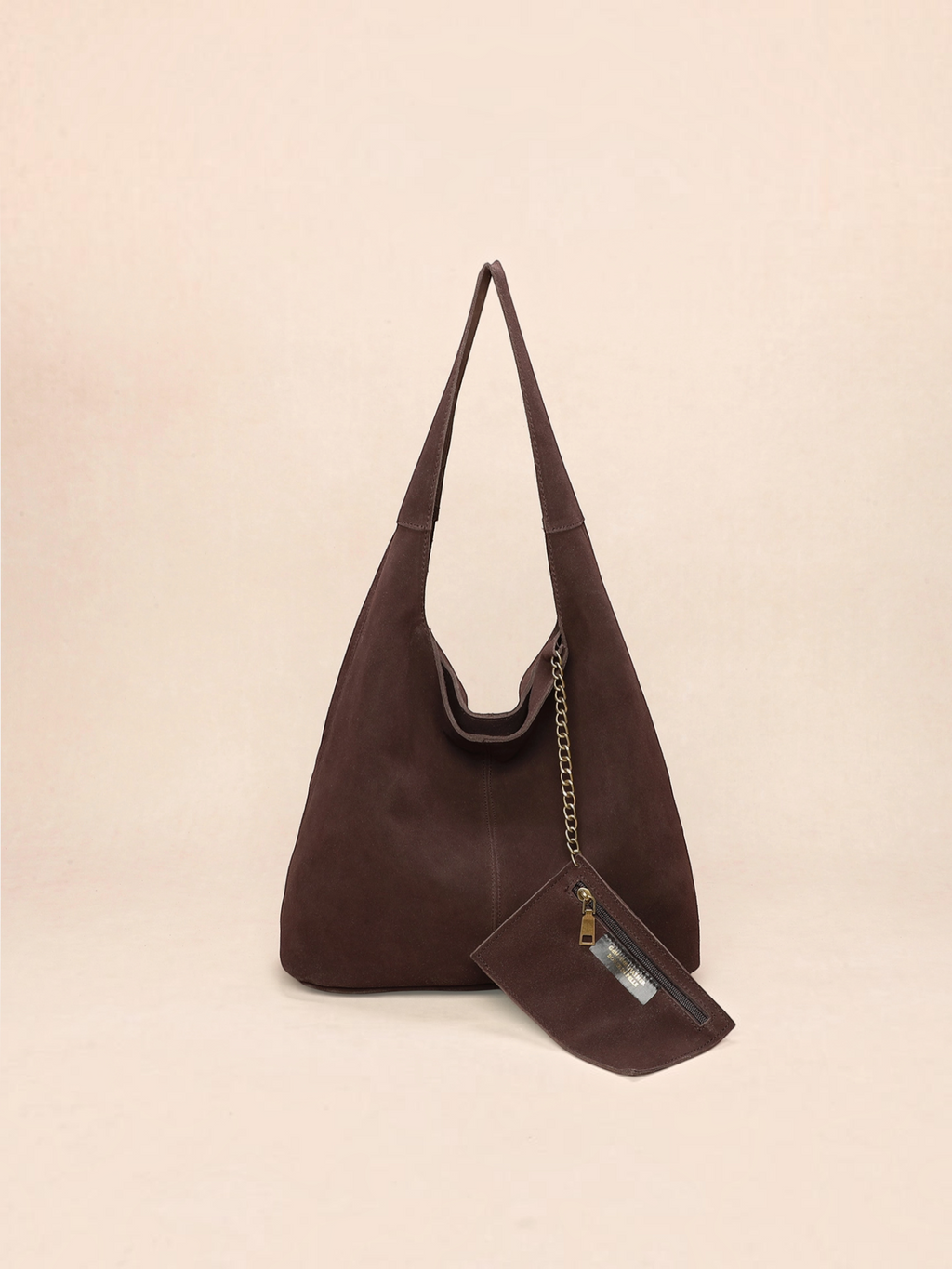 BROCK INES DELAURE dark brown suede leather hobo bag with shoulder strap and matching mini pouch