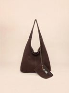 BROCK INES DELAURE dark brown suede leather hobo bag with shoulder strap and matching mini pouch