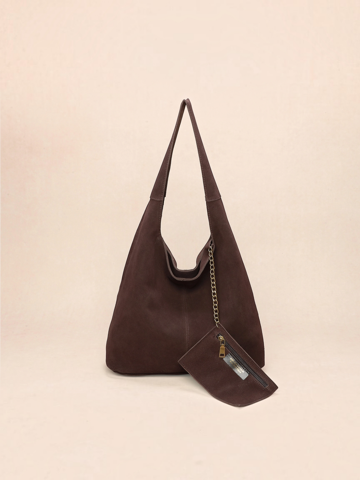 BROCK INES DELAURE dark brown suede leather hobo bag with shoulder strap and matching mini pouch