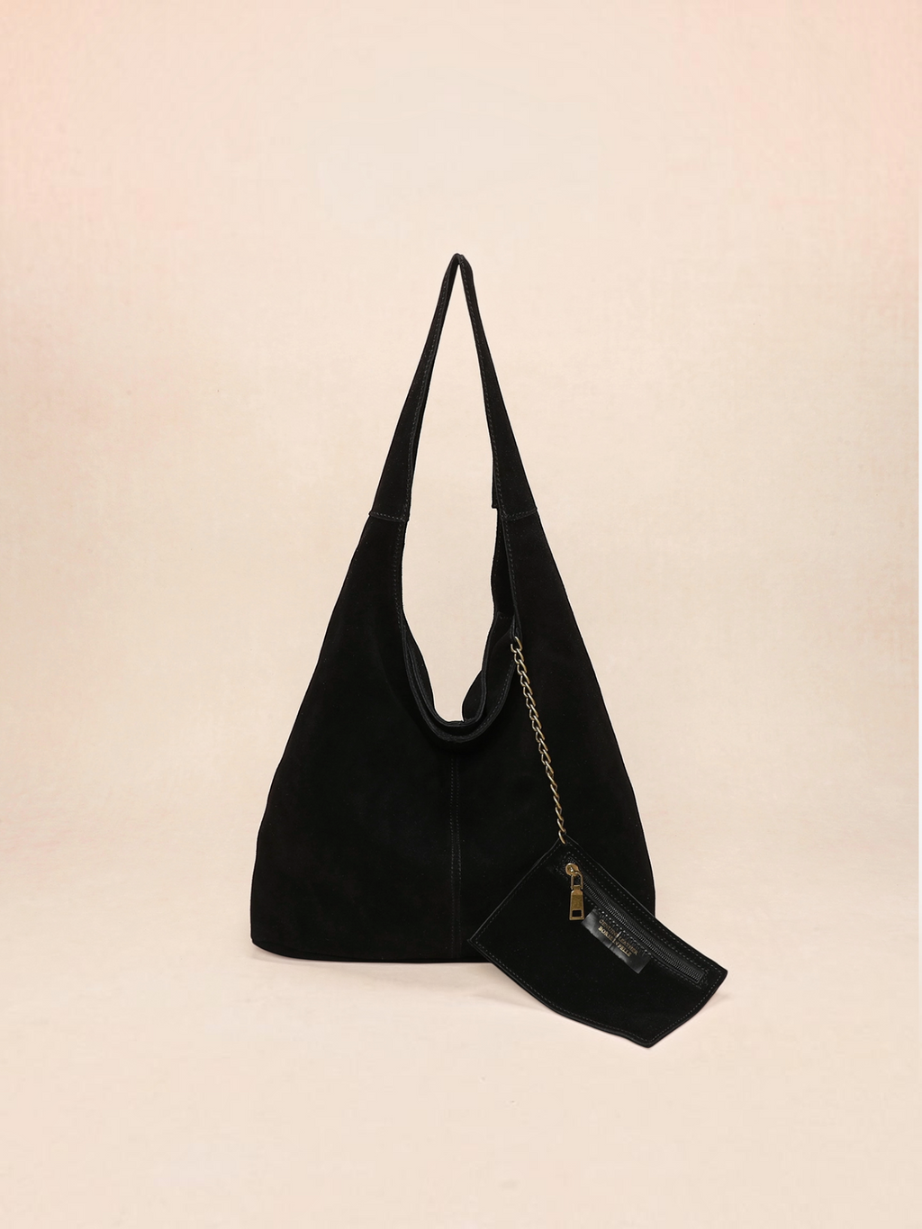 BROCK INES DELAURE black suede hobo bag with shoulder strap and matching mini pouch, made in Italy.