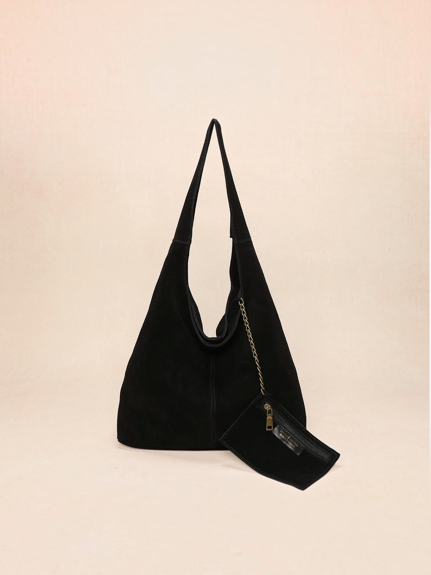BROCK INES DELAURE black suede hobo bag with shoulder strap and matching mini pouch, made in Italy.