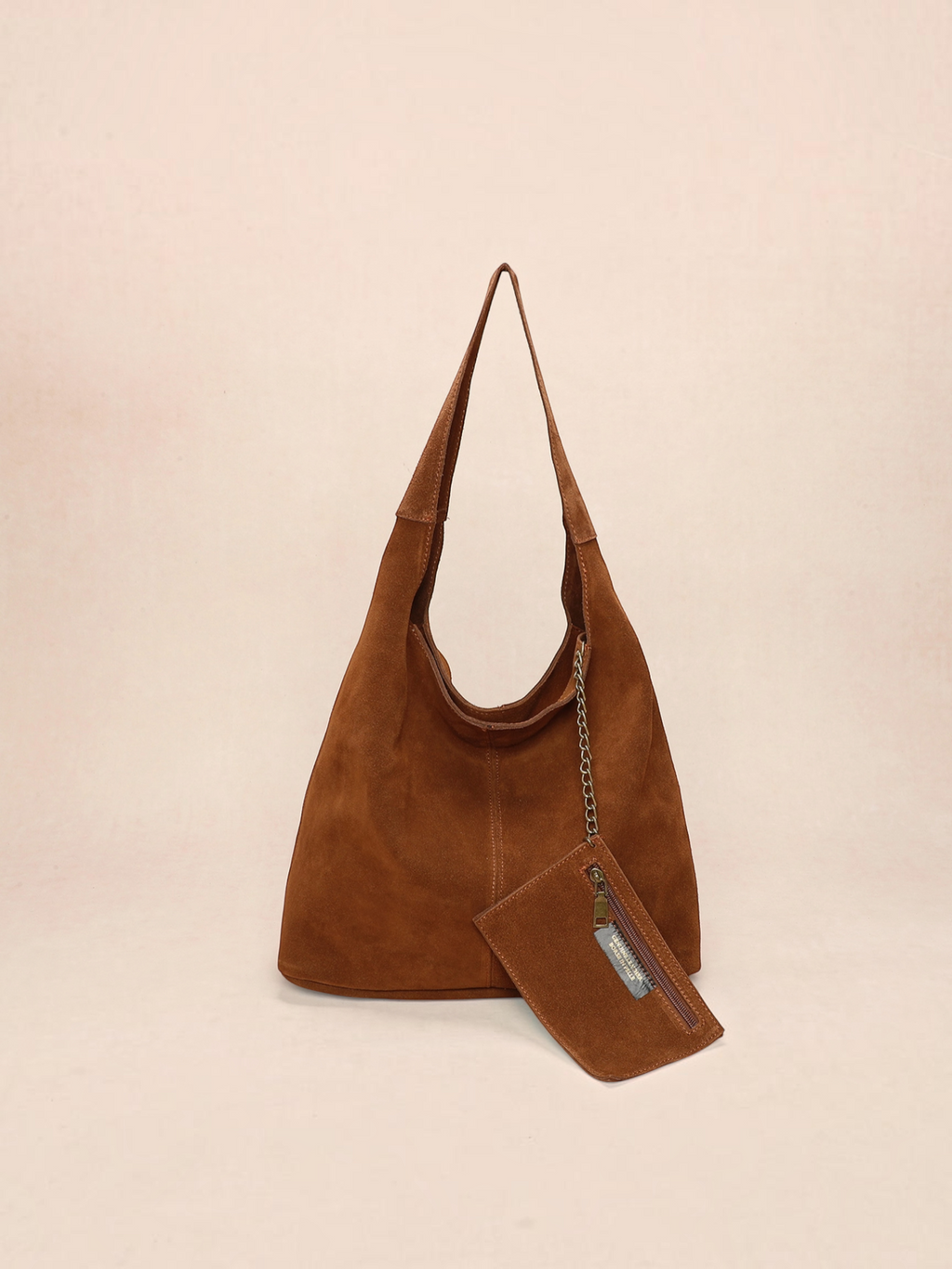 BROCK INES DELAURE brown suede leather hobo bag with matching mini pouch and shoulder strap