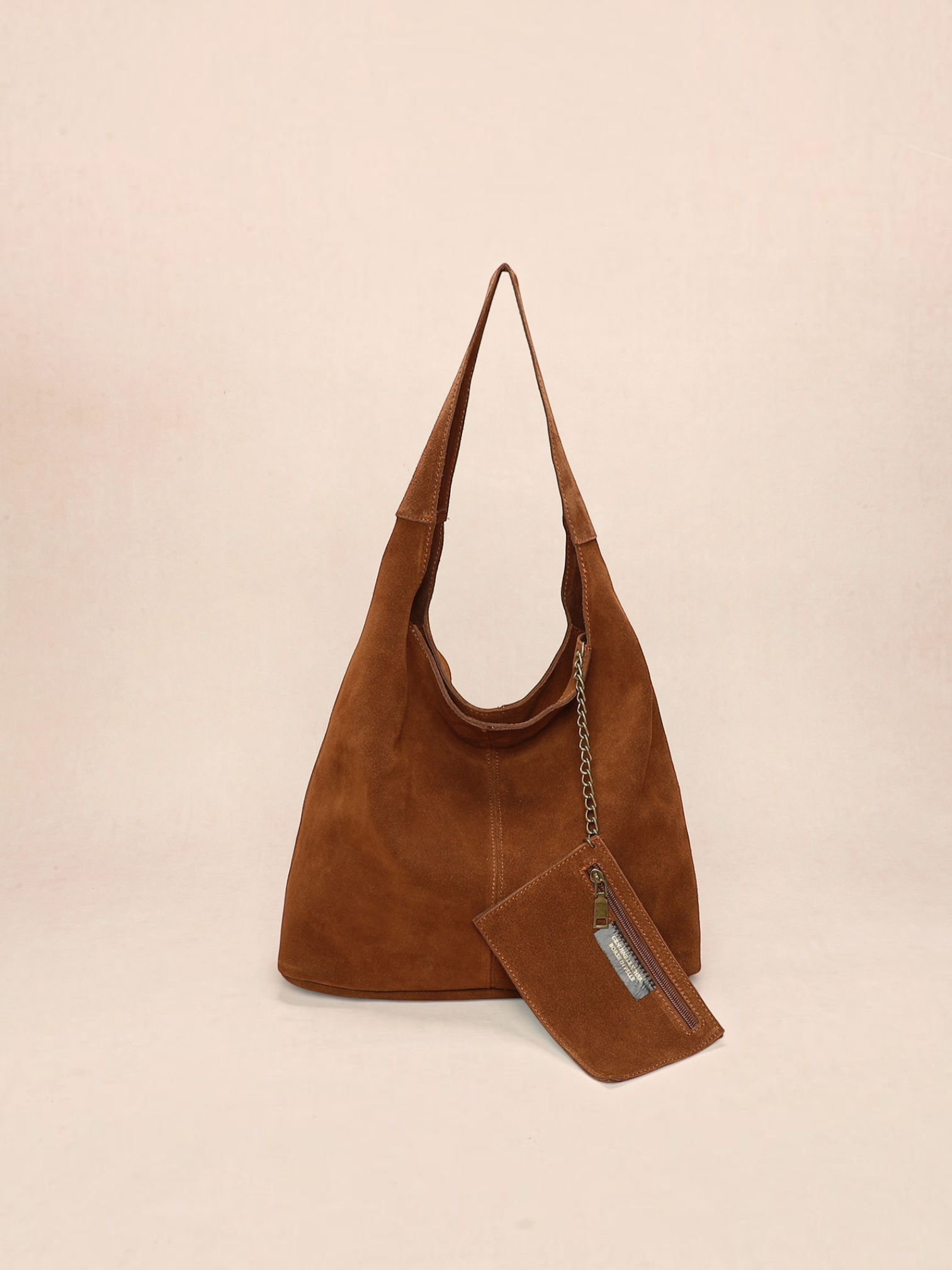 BROCK INES DELAURE brown suede leather hobo bag with matching mini pouch and shoulder strap
