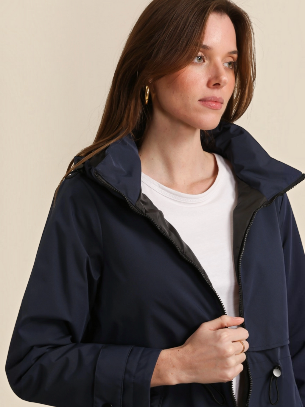 BROCK ATTRAIT PARIS navy blue long waterproof hooded jacket with a lightweight lining for transitional weather